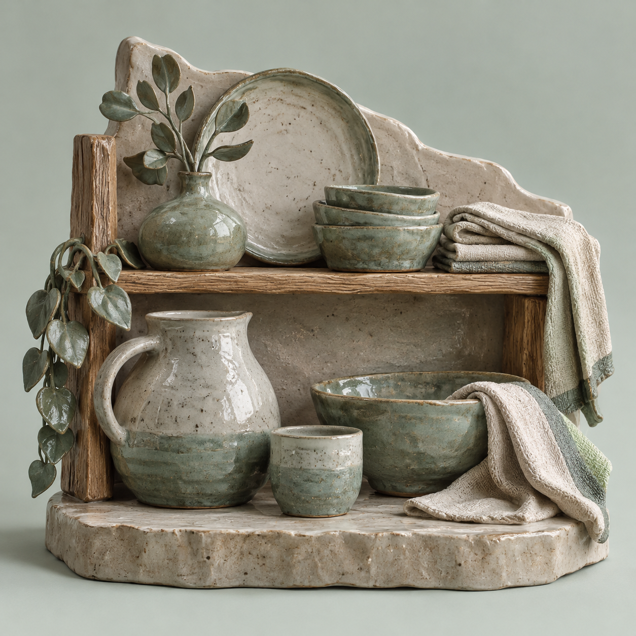 Illustration of independent homewares shop: stoneware vessels, linen textiles, oak display shelves