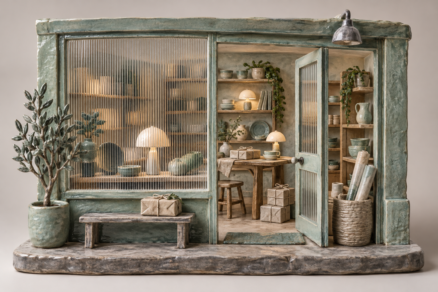 Illustration of independent homewares shop: oak display shelves, wrapped parcels, small table lamps
