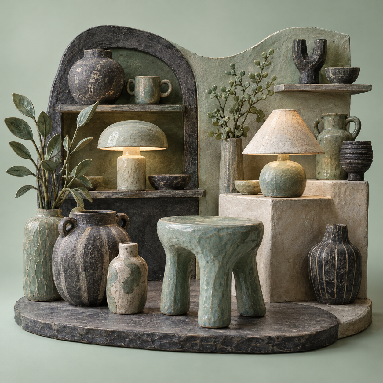 Illustration of independent homewares shop: small table lamps, a sculptural stool, stoneware vessels